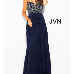 JVN Jovani blue beaded strapless prom pageant gown